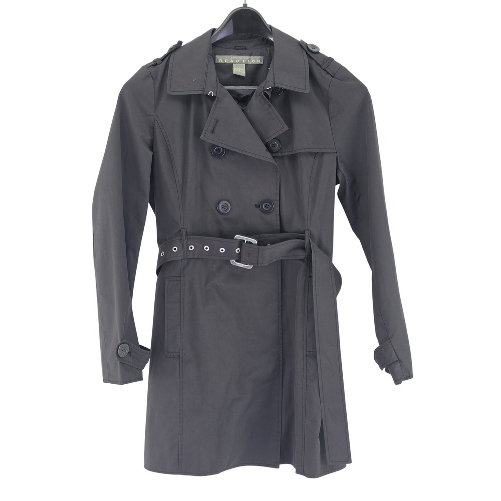 Kenneth Cole Reaction Trench Coat Womens Large Black Belted 17SMC399 Outerwear